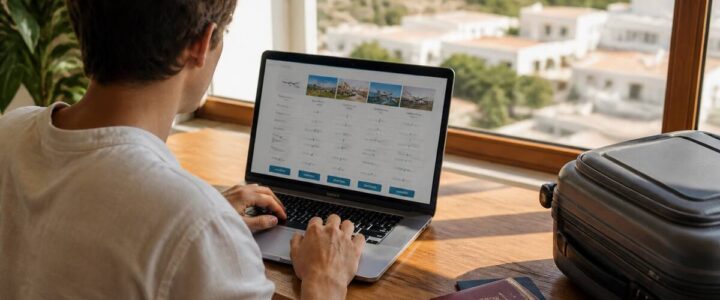 Reizen en vakanties vergelijken: zo kies je sneller de juiste vakantie Iemand vergelijkt vakanties op een laptop met documenten en een koffertje naast zich